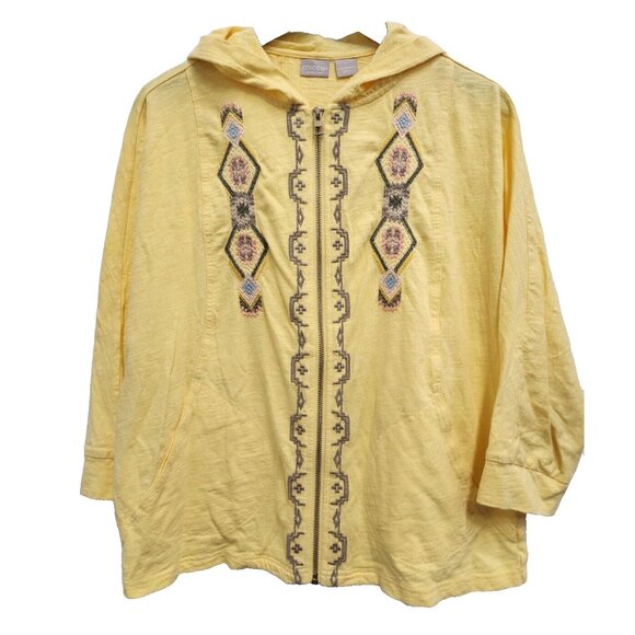 Chicos Zenergy Womens BOHO Hoodie Medium Yellow Full Zip Embroidered Coastal - Picture 1 of 8